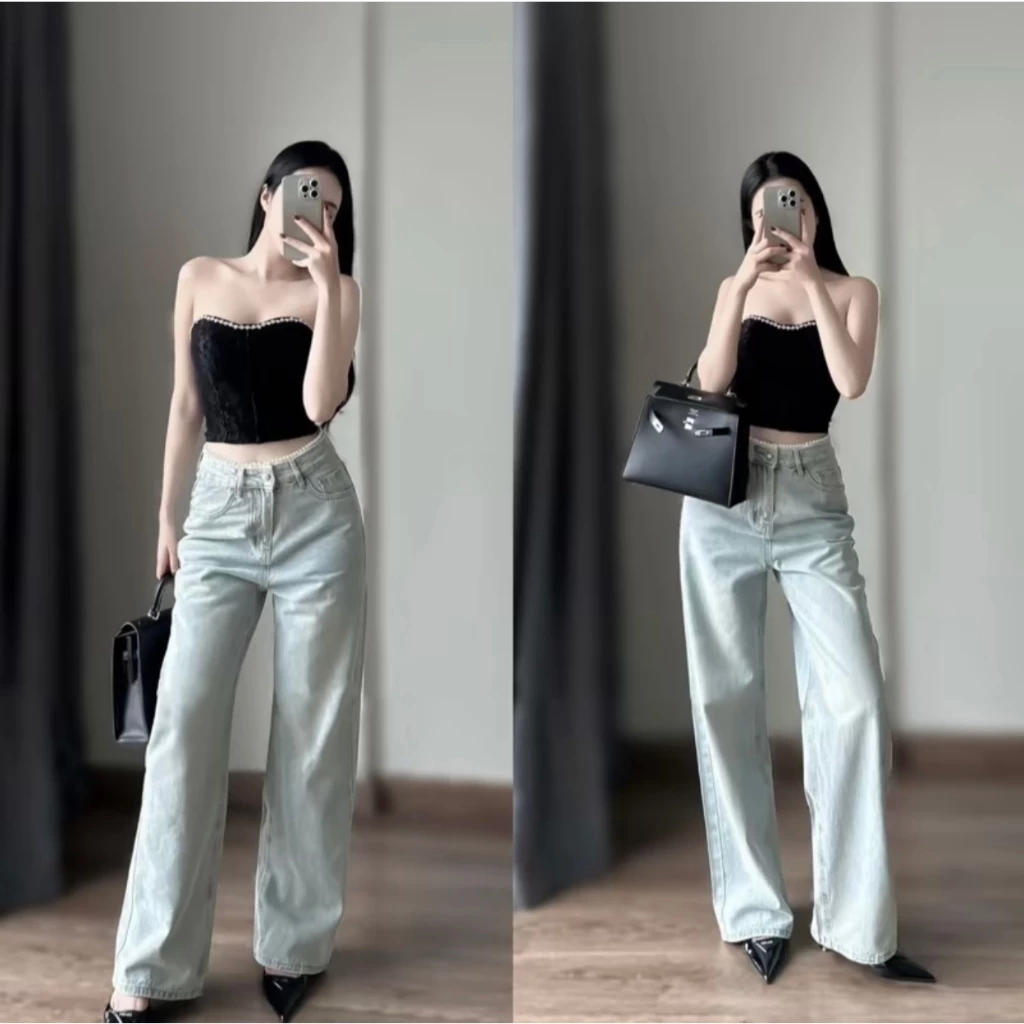 Quần Jean Nữ Ống Rộng Suông Cạp Cao Phối Ren Hàn Quốc