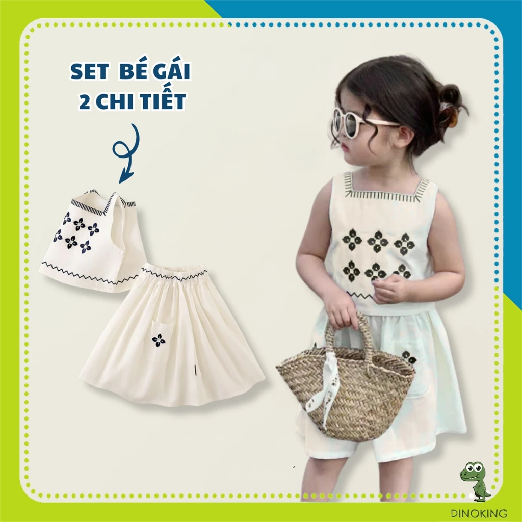 Set đồ đi chơi mùa hè bé gái DINOKING Set áo sát nách thêu hoa + chân váy chữ A sang chảnh cho bé gái 3 - 9 tuổi DB69