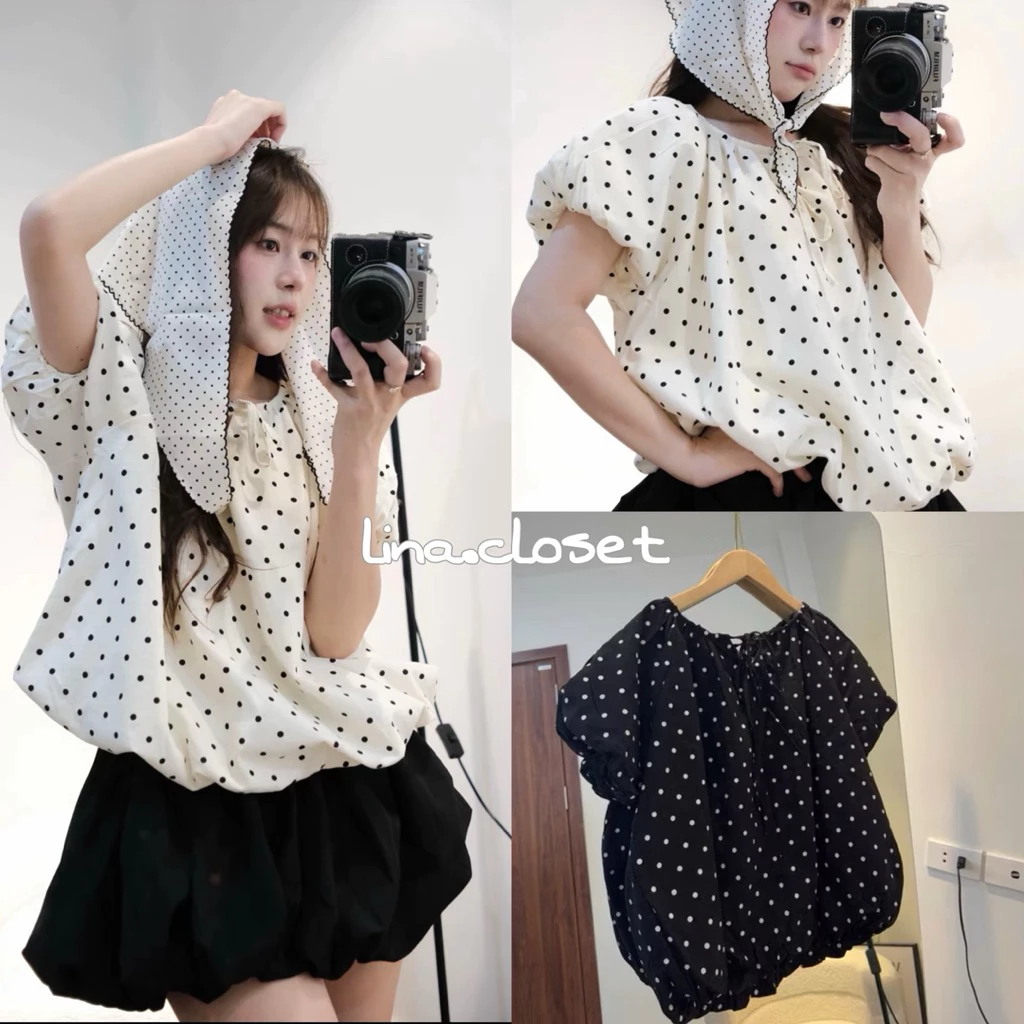 Áo Babydoll Hoạ Tiết Chấm Bi Tay Bồng Thắt Nơ Chất Linen Form Bí “KELLY TOP” Dành Cho Nữ