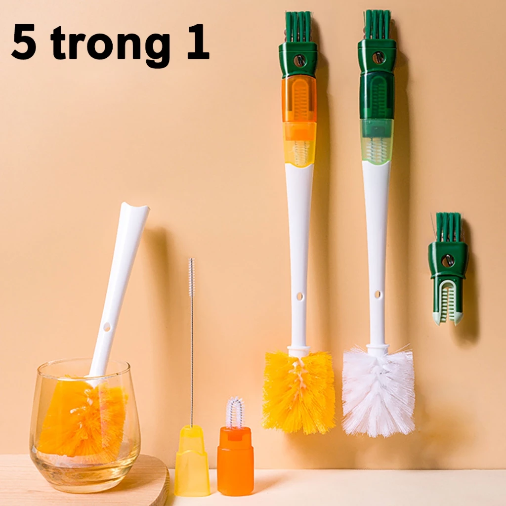 Cọ rửa cốc đa năng 5 trong 1 có thể tháo rời làm sạch bình nước tay cầm dài sáng tạo màu cam xanh lục kích thước 7*36cm