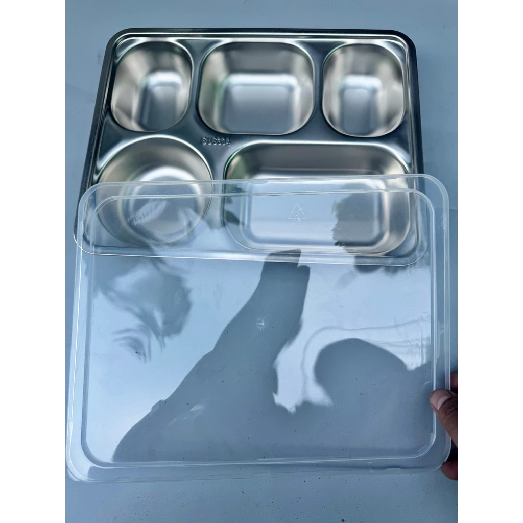 Khay cơm phần 5 ngăn inox sâu có nắp tiện lợi