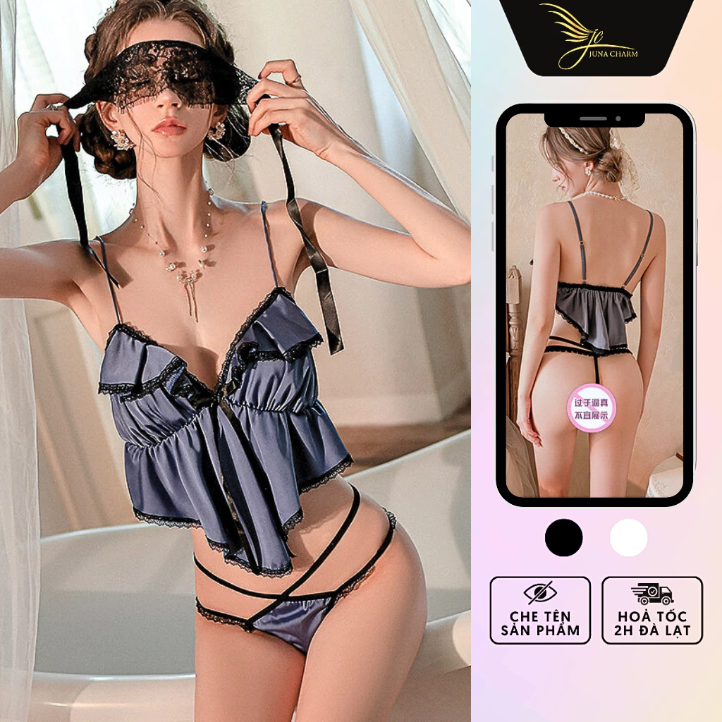 Bộ Ngủ 2 Dây Croptop Sexy JUNA Freesize Thời Trang Đồ Ngủ Dành Cho Nữ, Chất Lụa Phối Ren Cao Cấp, Màu Xanh Ghi/SP309