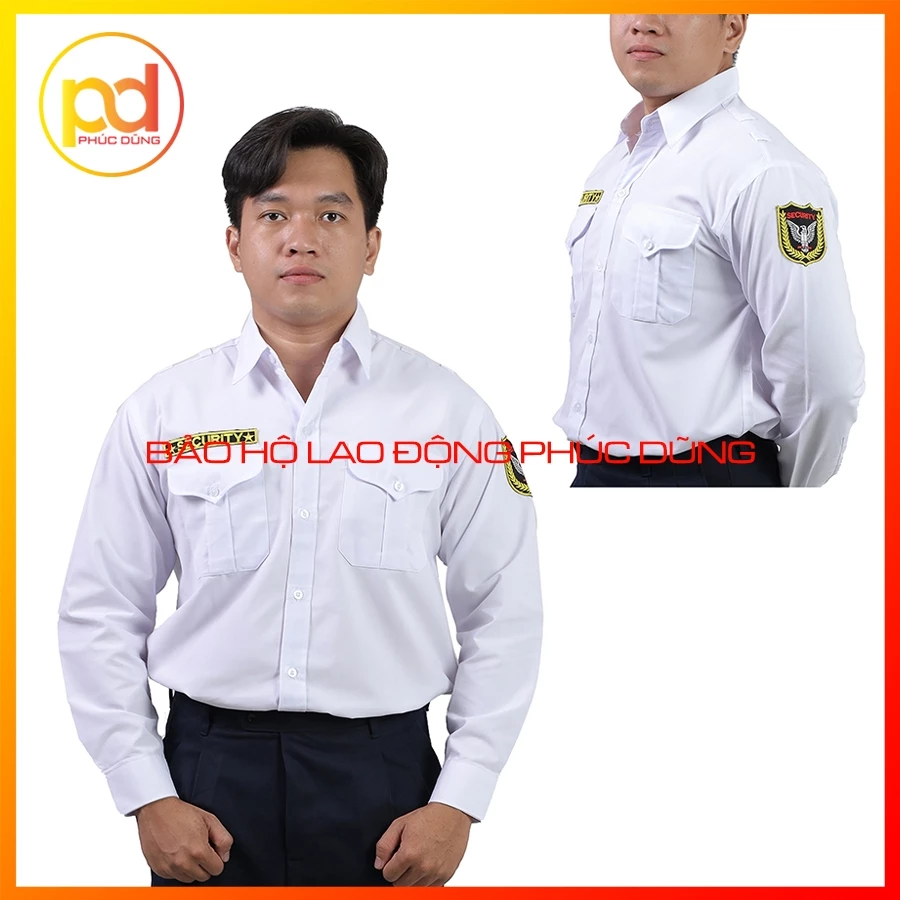 Áo đồng phục bảo vệ màu trắng tay dài chuyên nghiệp cotton thấm hút mồ hôi tốt đầy đủ logo cánh tay và ngực