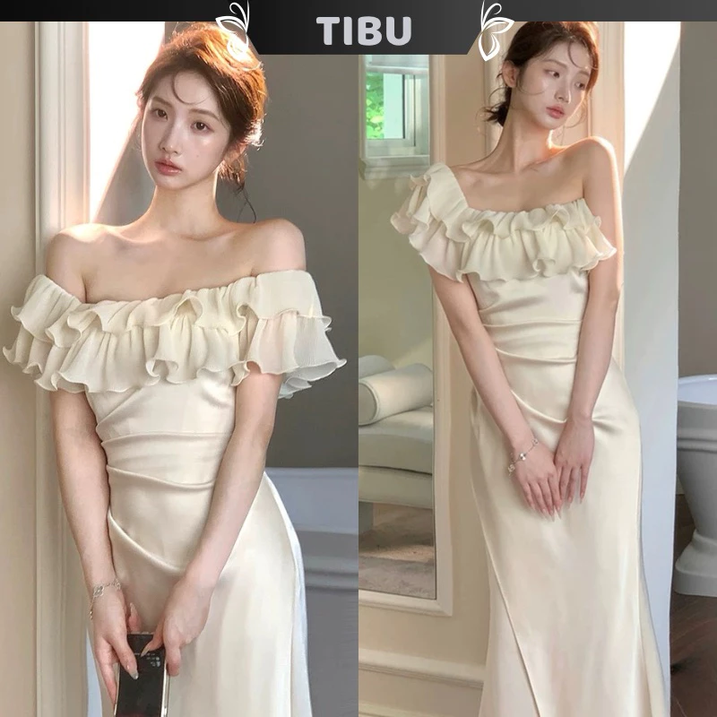 Đầm Maxi Lệch Vai Bèo Tầng TIBU Đầm Nữ Dáng Dài Đan Lưng Đuôi Cá Sang Chảnh Đi Chơi Dự Tiệc D496