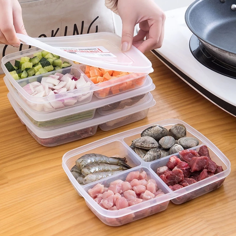 Khay trữ đông đồ ăn dặm chia 4 ngăn tiện lợi, Hộp đựng thực phhẩm chia 4 ngăn tủ lạnh có nắp ngăn mùi tủ mát