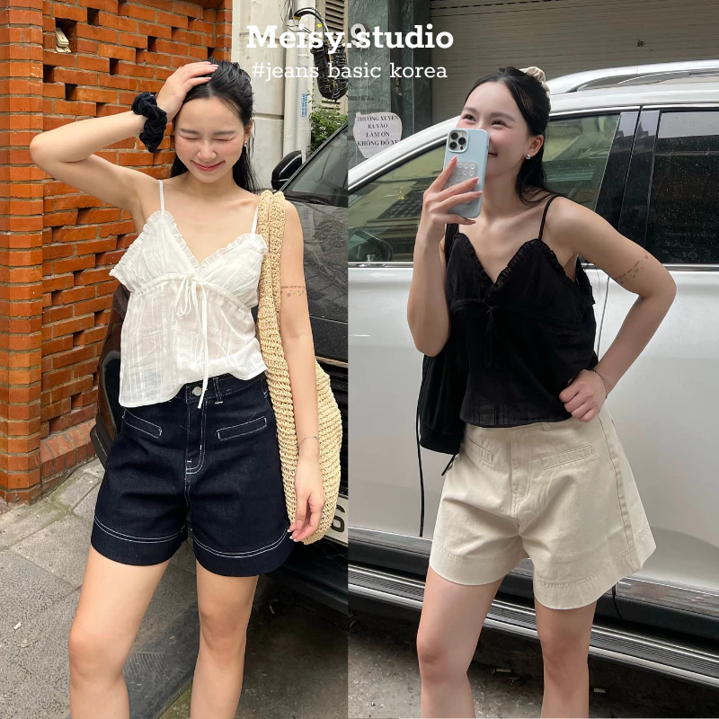 Quần jeans nữ short túi cơi chất kaki cotton phong cách Basic Hàn Quốc Meisy