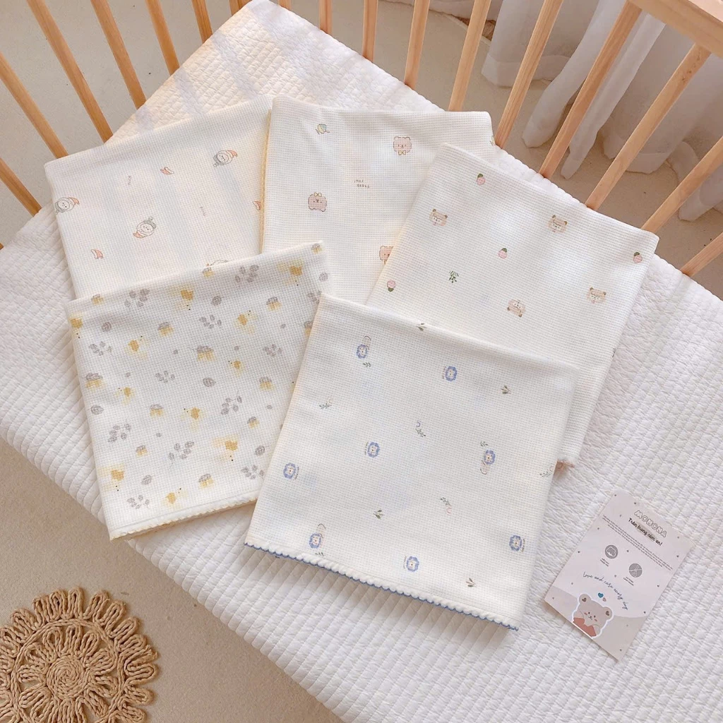 Chăn lưới Hàn Quốc, chăn đắp cho bé chất liệu Cotton Waffle thoáng khí, họa tiết dễ thương