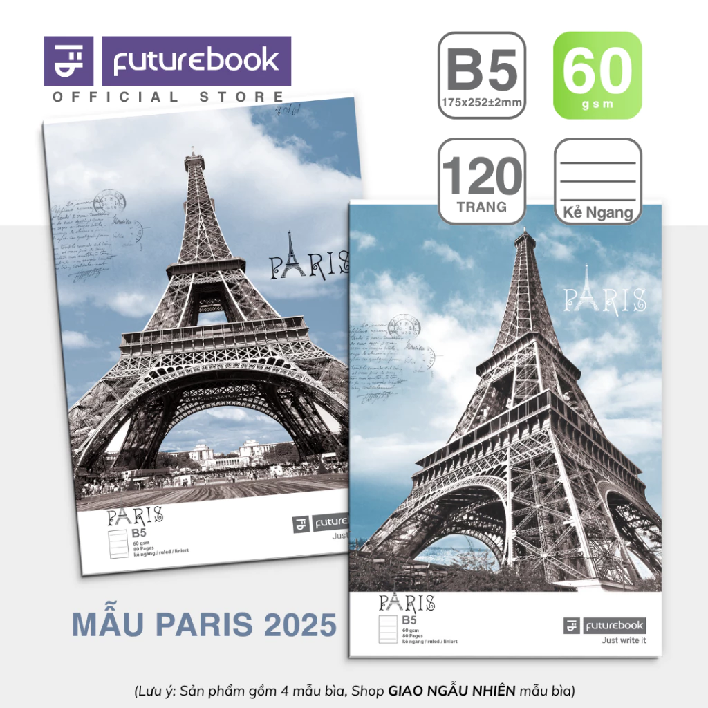 [Bộ 3Q] Tập Học Sinh - Vở Sinh Viên 4 Ô Ly/Kẻ Ngang B5 Gấu Con/Tháp Paris 80/120/200 trang 60 gsm FUTUREBOOK