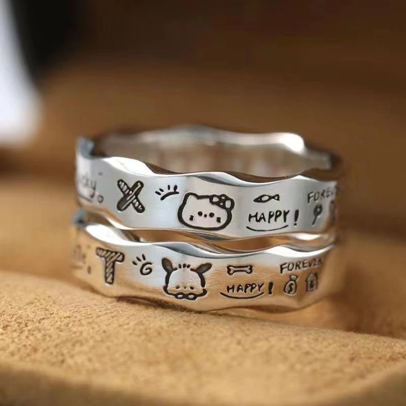 Balltest🎨vòng hello kitty 2 Chiếc Hoạt Hình Anime Cặp Đôi Bộ Nhẫn Hợp Kim Graffiti Phụ Kiện Trang Sức Có Thể Điều Chỉnh