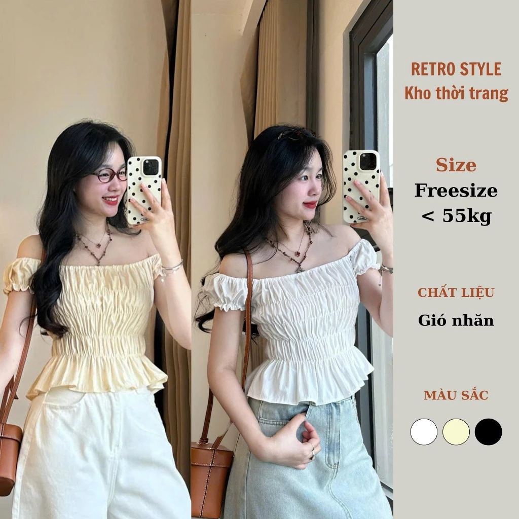 Áo Trễ Vai Nhún Ôm Body Dáng Crop Retrostyle Chất Gió Nhăn Co Giãn Back To School Quần Đi Học Đi Làm Aotrevai333