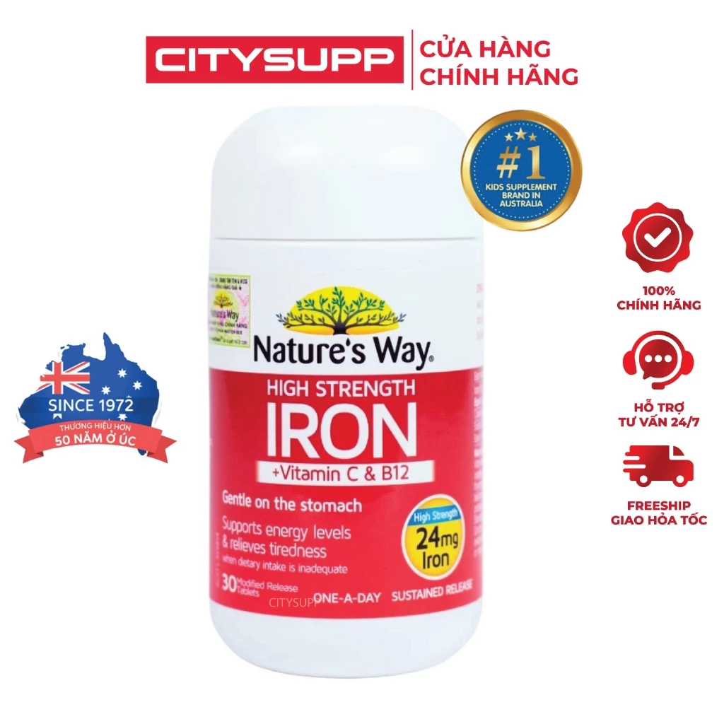 Viên Uống Sắt Hữu Cơ, Sắt Bầu Nature’s Way High Strength Iron Cung Cấp Vitamin C Và B12 Hỗ Trợ Chuyển Hoá Năng Lượng