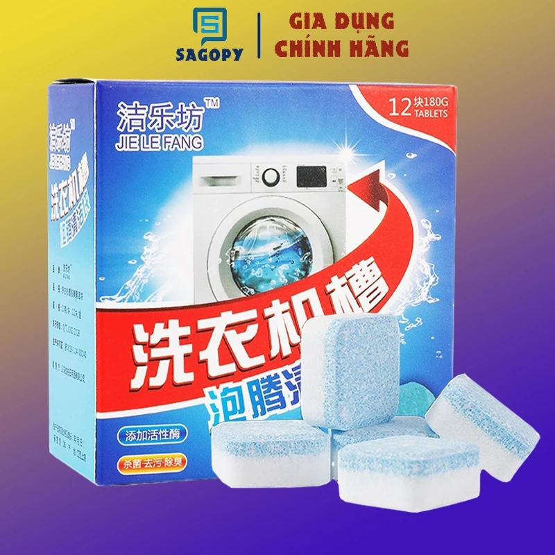 Hộp 12 viên tẩy vệ sinh lồng máy giặt cho cửa ngang và cửa đứng, viên nén khử mùi và diệt khuẩn S P