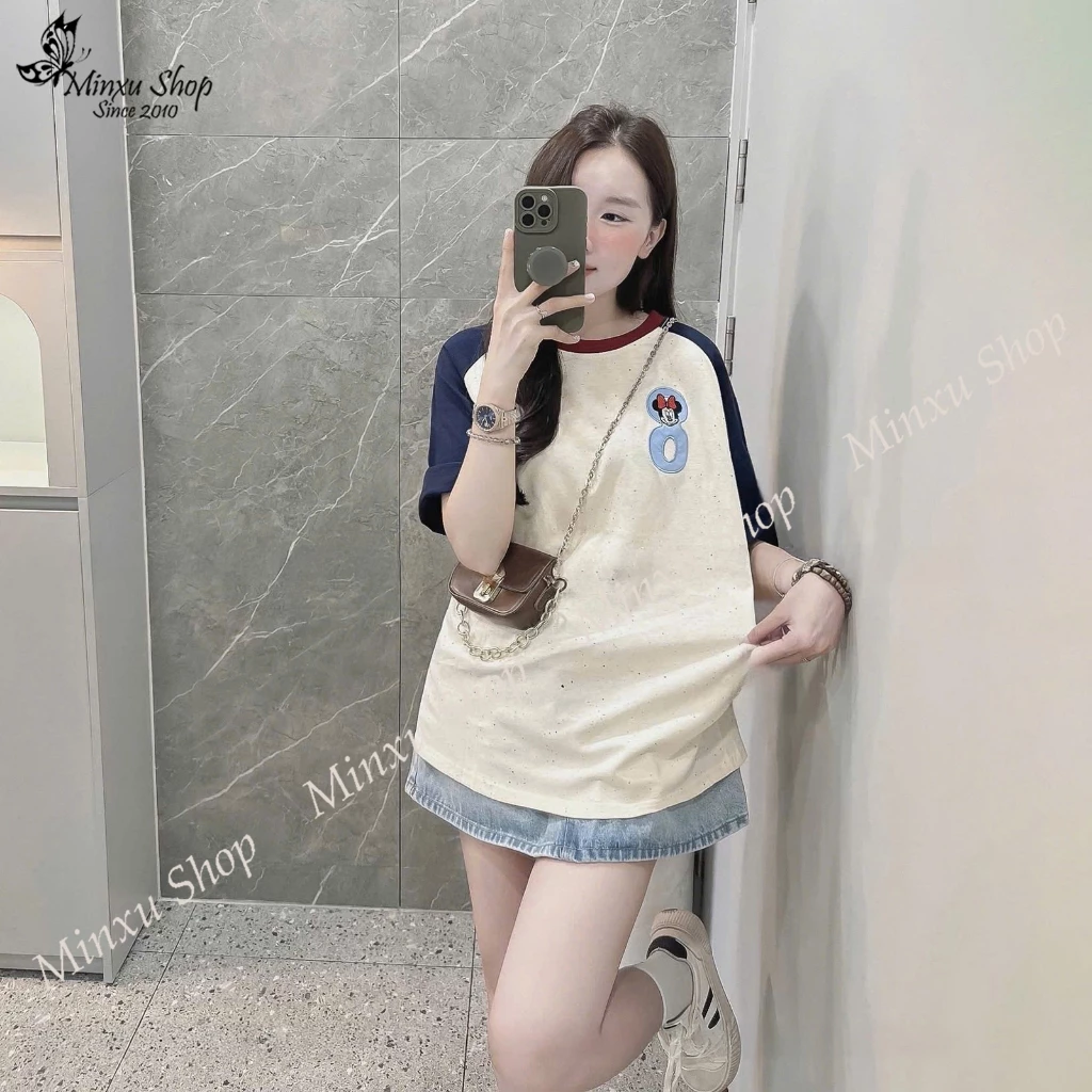 Áo Phông Nữ Thêu Hình Mickey Cổ Áo Phối Viền Cá Tính Minxu Shop TA03