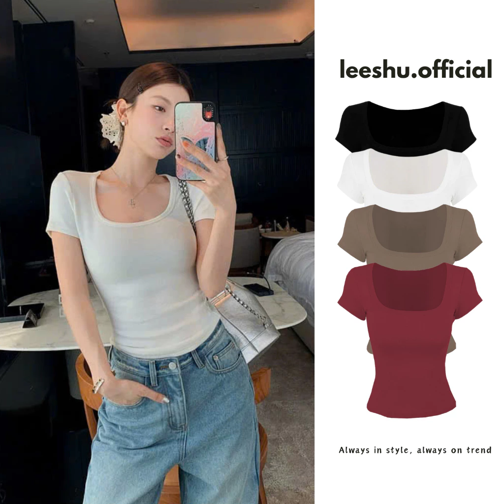 (DEAL MỞ BÁN) Áo thun cổ vuông tay cộc ôm body form mới❤️Leeshu❤️Áo cổ U sexy tôn dáng vải cotton không pha mềm mát