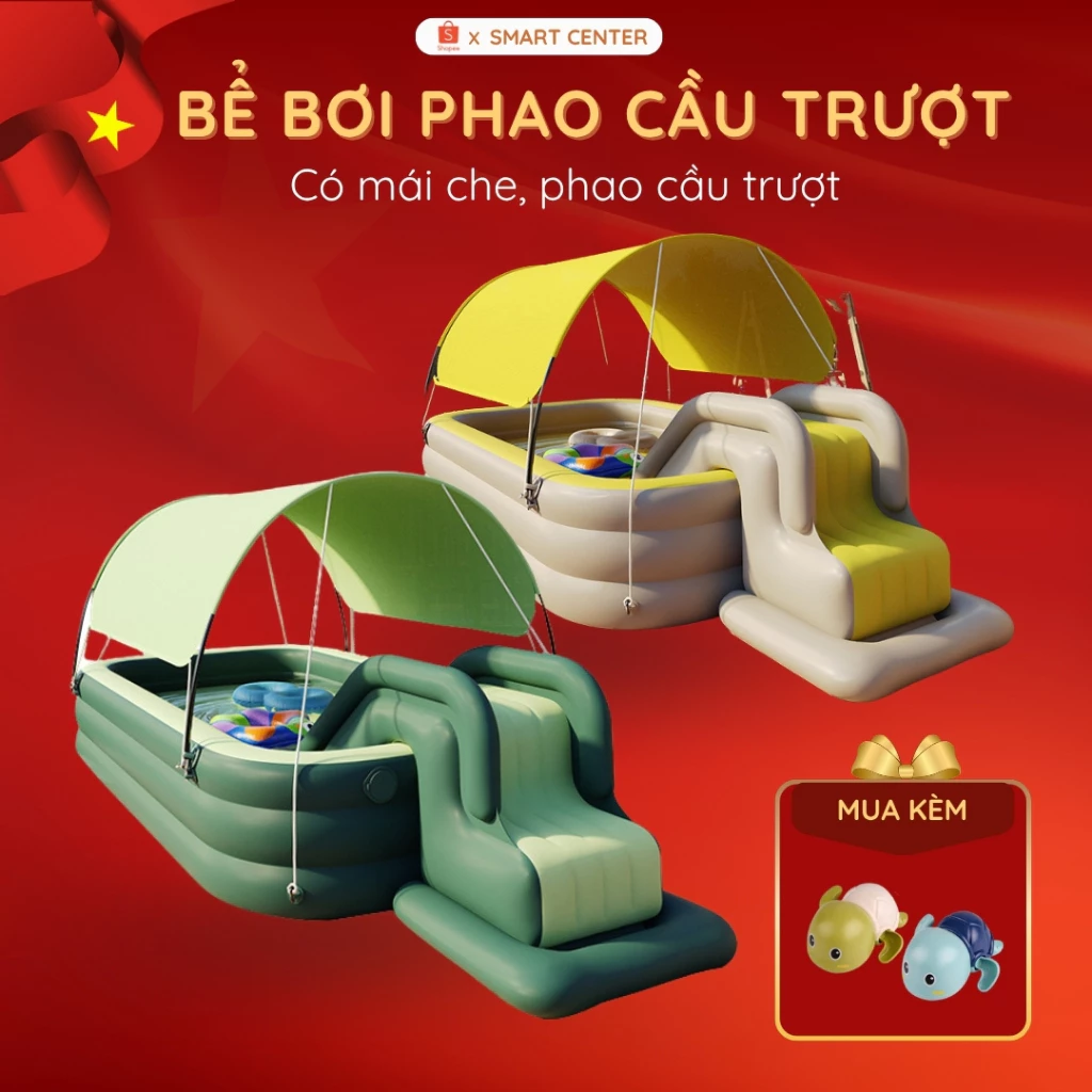 Bể Bơi Phao Cầu Trượt KAW - Đáy Chống Trượt, Mái Che Nắng, Cầu Trượt Gấp Gọn, An Toàn Cho Bé