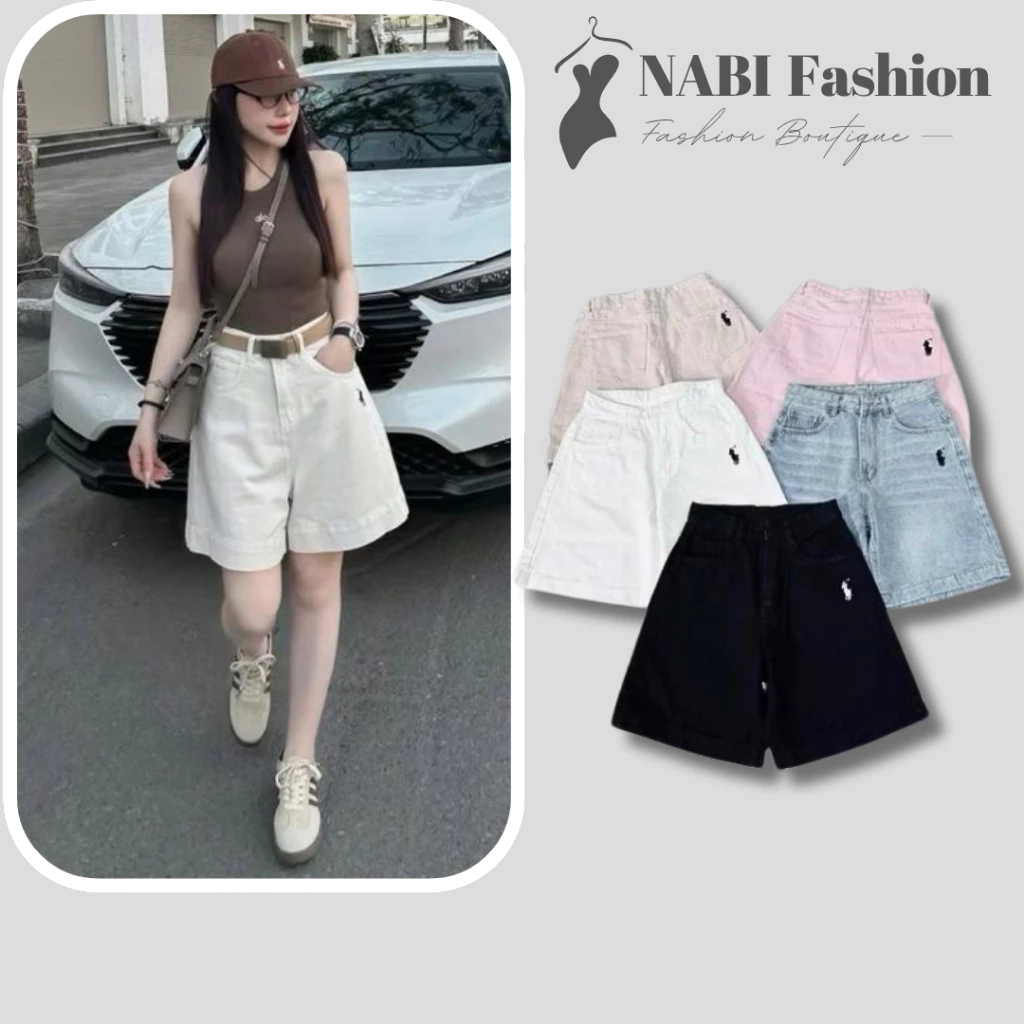 Quần Ngố Bò Jeans Nữ NABI Fashion, Quần Lửng Denim Màu Trắng Thêu Ngựa Cạp Cao Siêu Háck Dáng  Đỉnh , Đủ 5 Màu Cho Khách