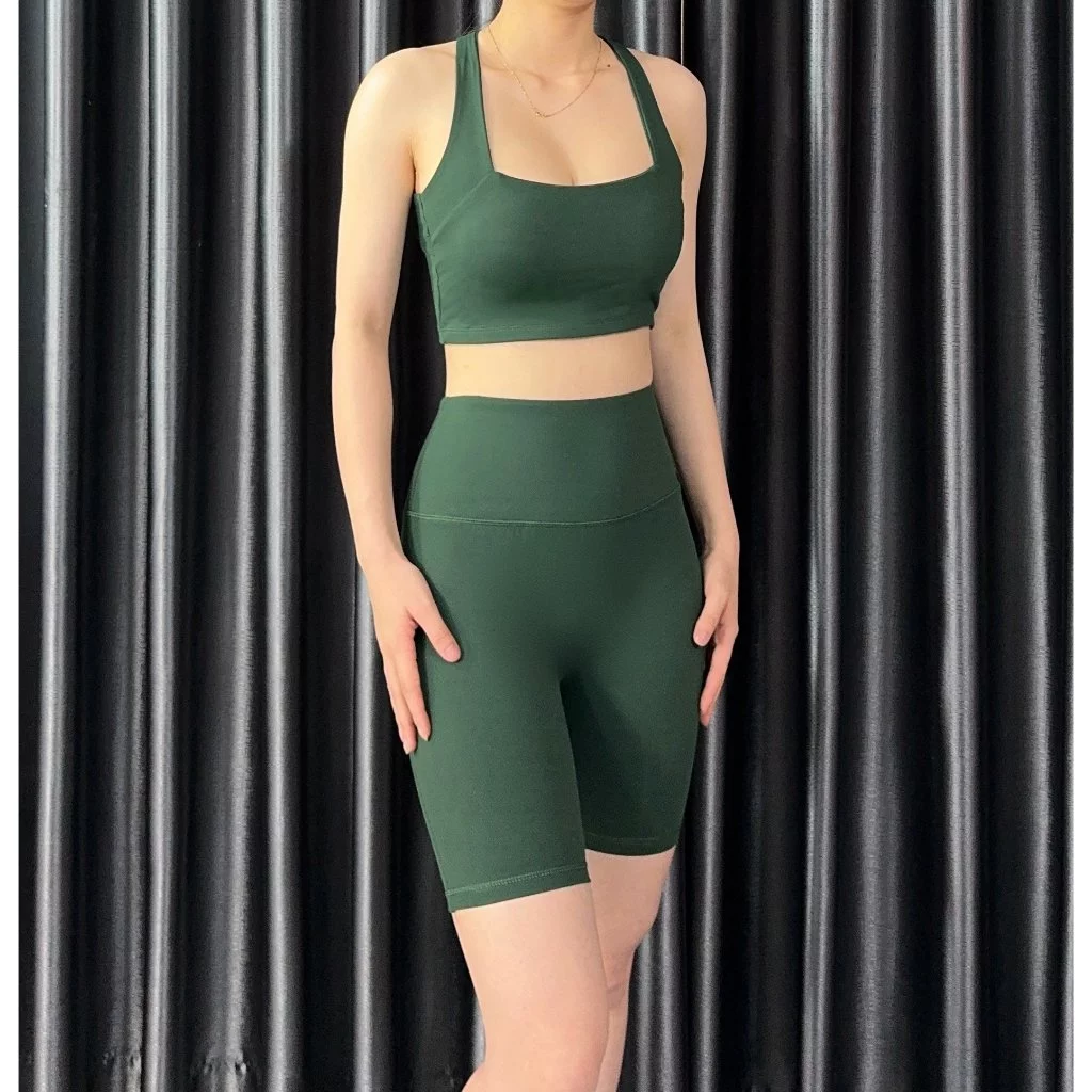 Set đồ tập gym yoga nữ Ng28 – Áo bra cổ vuông đan dây, quần ngố kèm mút thun co giãn hot trend