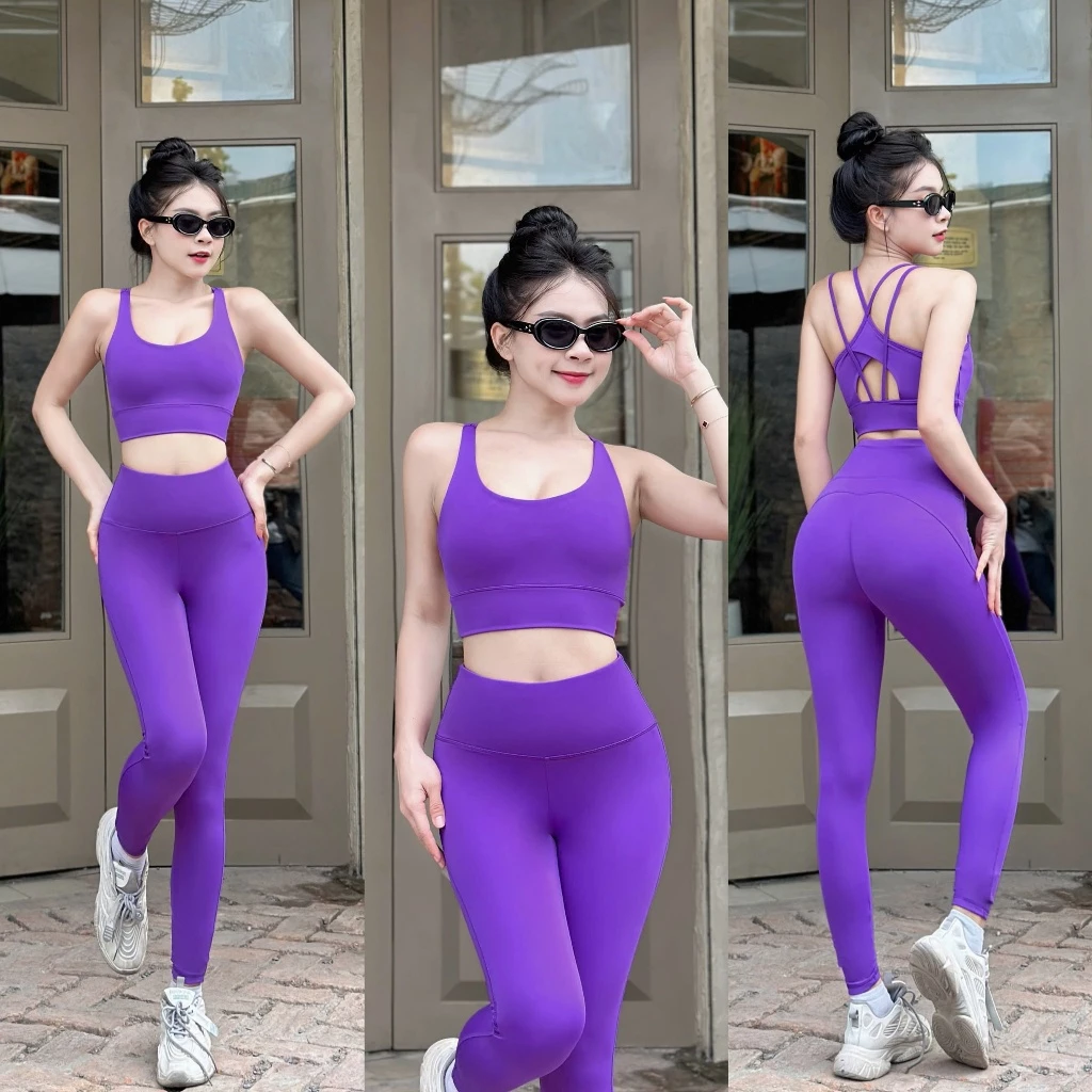 Set đồ tập gym yoga nữ D40 – Áo bra dây kèm mút, quần dài cạp cao thun co giãn 4 chiều hot trend