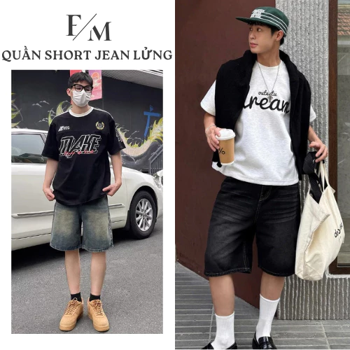 Quần Short Jean Nam Lửng WASH RETRO Ống Suông Rộng 33CM Quần Lửng Nam Ngang Gối Phong Cách STREETWEAR