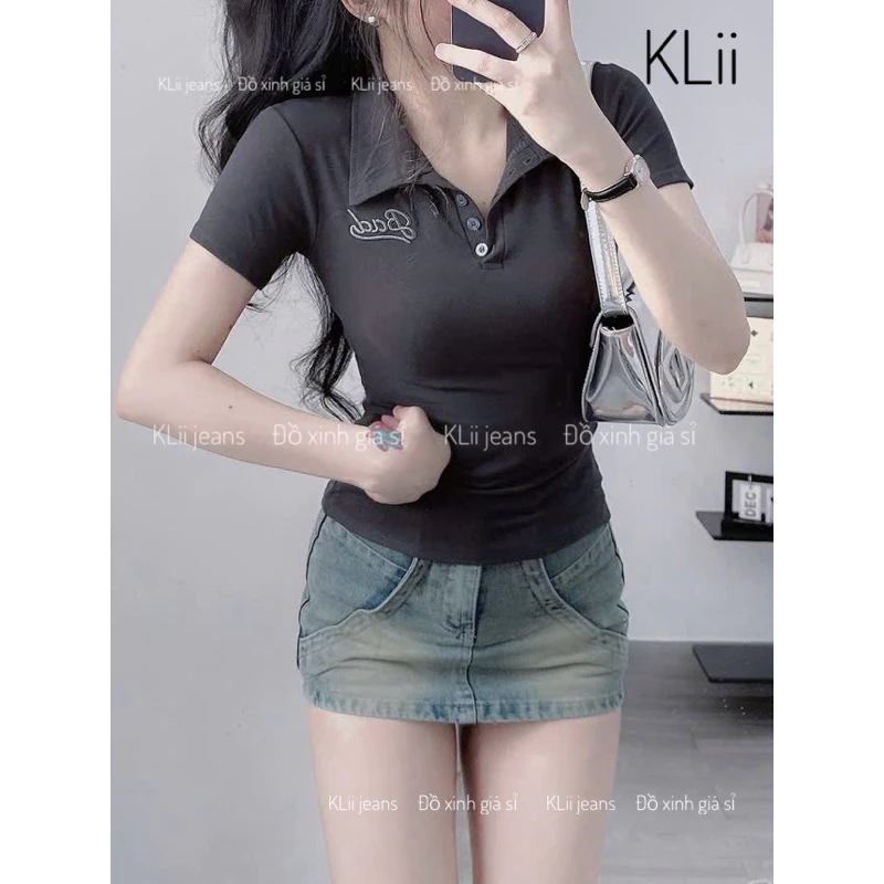 Áo thun cộc tay polo cổ trụ nút thêu bad phom ôm borip lụa Qc l1
