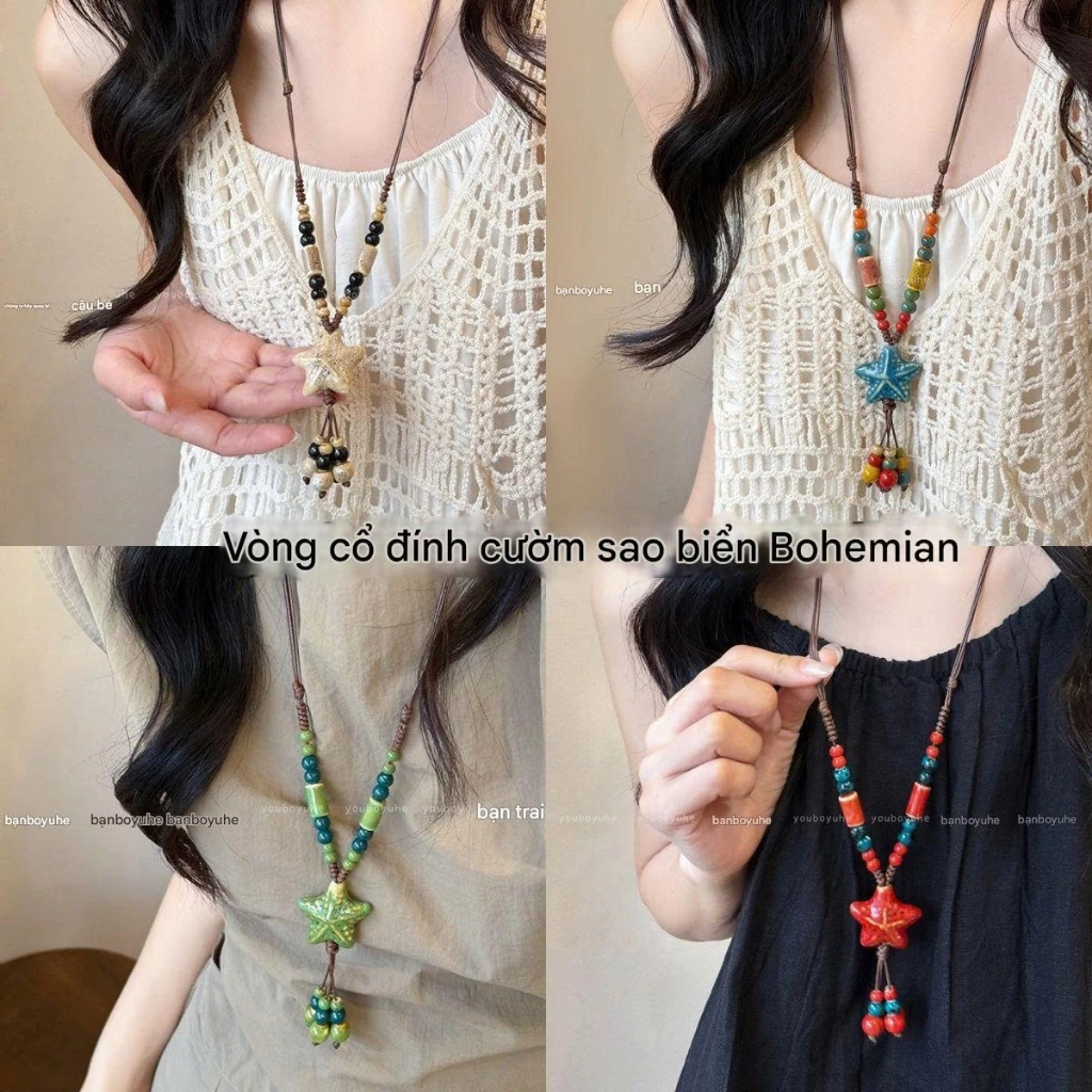 🐚 Vòng Cổ Boho Biển Dài – Dây Chuyền Hạt Sứ Nhiều Màu Kèm Sao Biển, Phong Cách  Vintage, Phụ Kiện Mix Đồ Áo Dài 2842