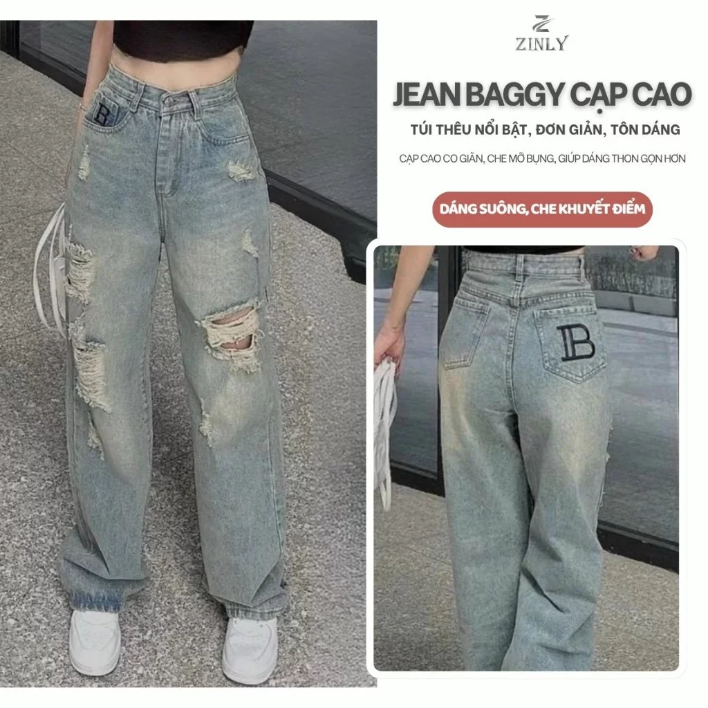 Quần Jean Nữ Ống Suông Cạp Cao Túi Thêu Chữ B Q160