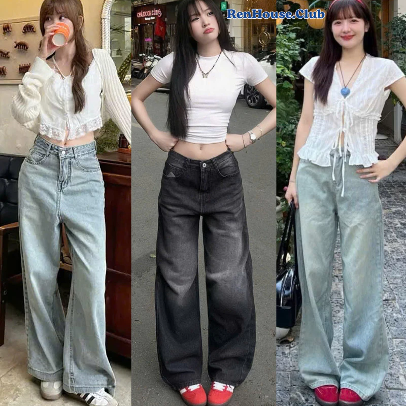 Quần jeans bò ống rộng Renhouse vải denim màu Đen wash màu Xanh nhạt chất jeans mềm mặc mùa hè mát ống suông Hottrend