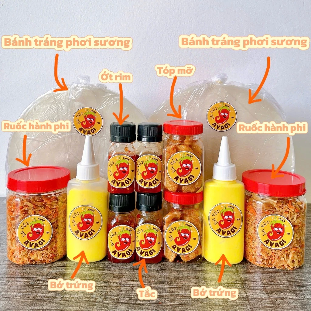 [ 2 x combo Ú Ù ] Bánh tráng phơi sương AVAGI, Tóp mỡ, chai Bơ, Ruốc hành phi