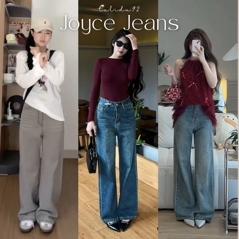 Quần Jean Ống Rộng "Joyce Jeans" TULIDU Mặc 2 Kiểu Cạp Cao/Cạp Thấp Màu Xanh Cát Retro Chất Mềm Mịn Cotton Cao Cấp