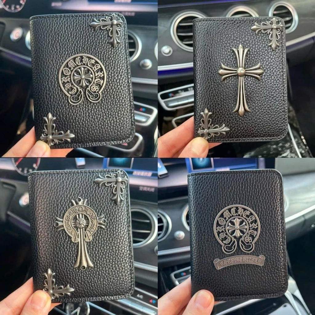 Ví Da GẤP ĐÔI UNISEX Chrome Hearts Cao Cấp - Đính Kim Loại Cá Tính, kích thước 8x11