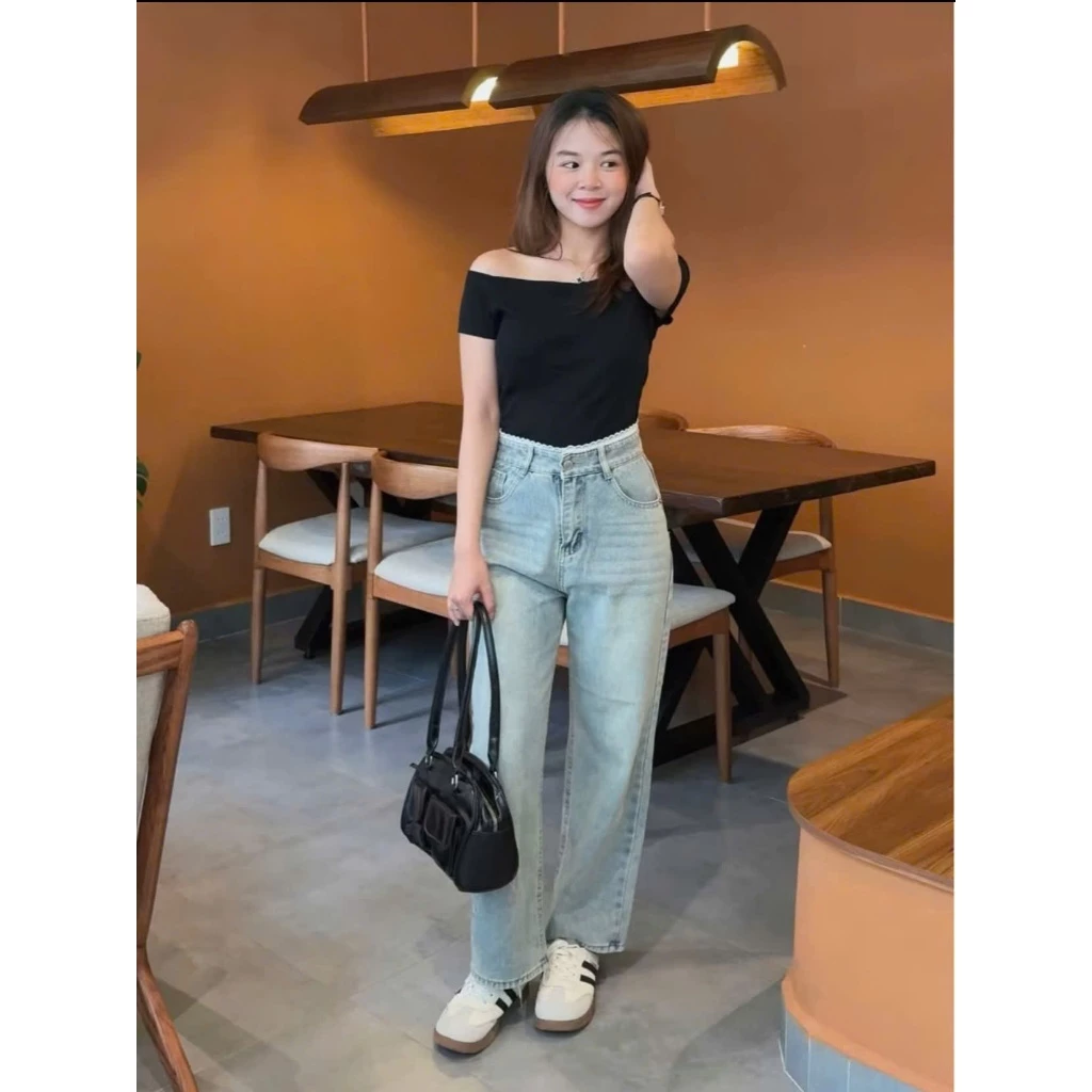Quần Bò Nữ Ống Suông Phối Ren – Jean Lưng Cao Basic Hot Trend