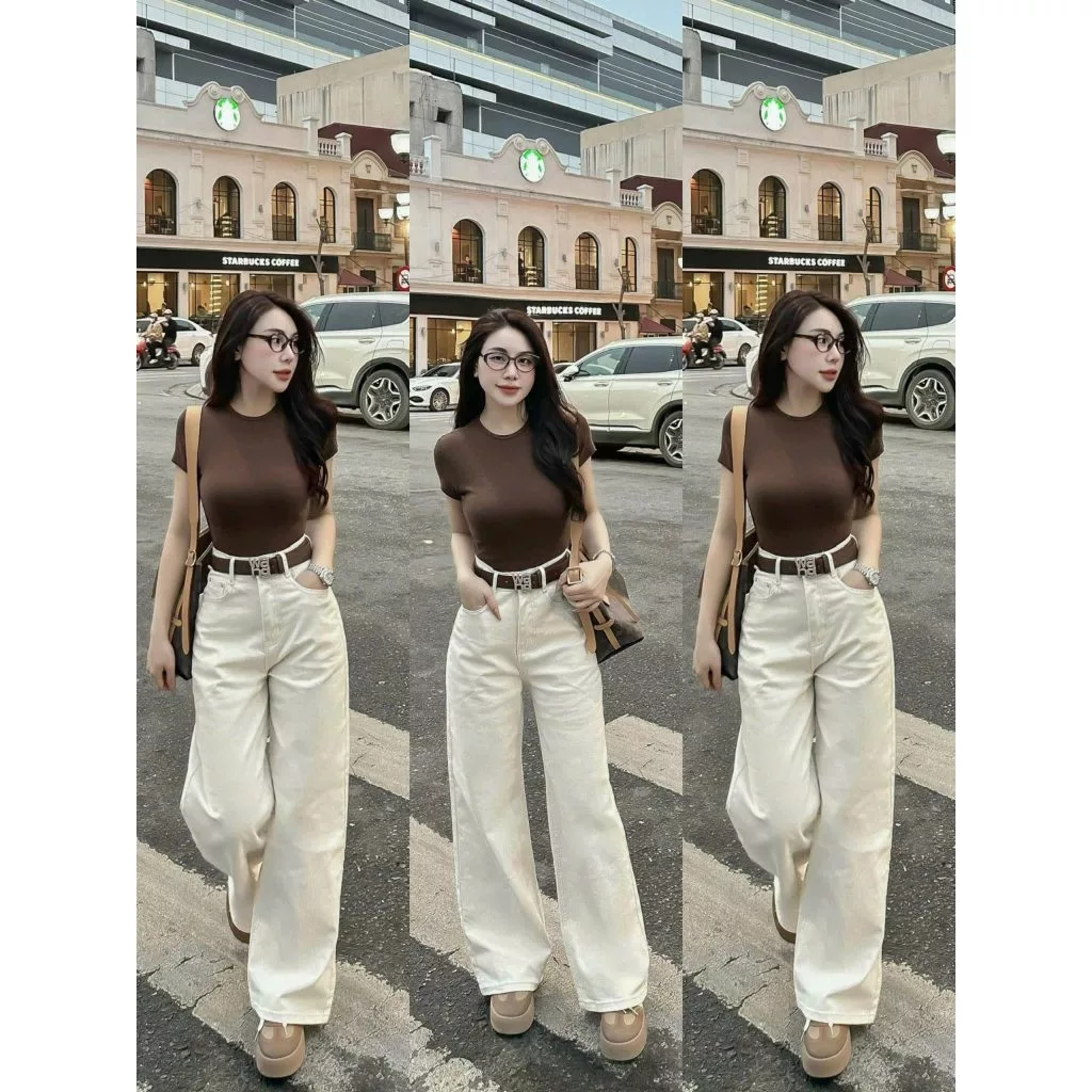 Quần Bò Jeans Nữ Ống Rộng, Quần Bò Denim Suông Ống Rộng Trơn Màu Be Bản Cạp Cao Siêu Hách Dáng Cực Đỉnh