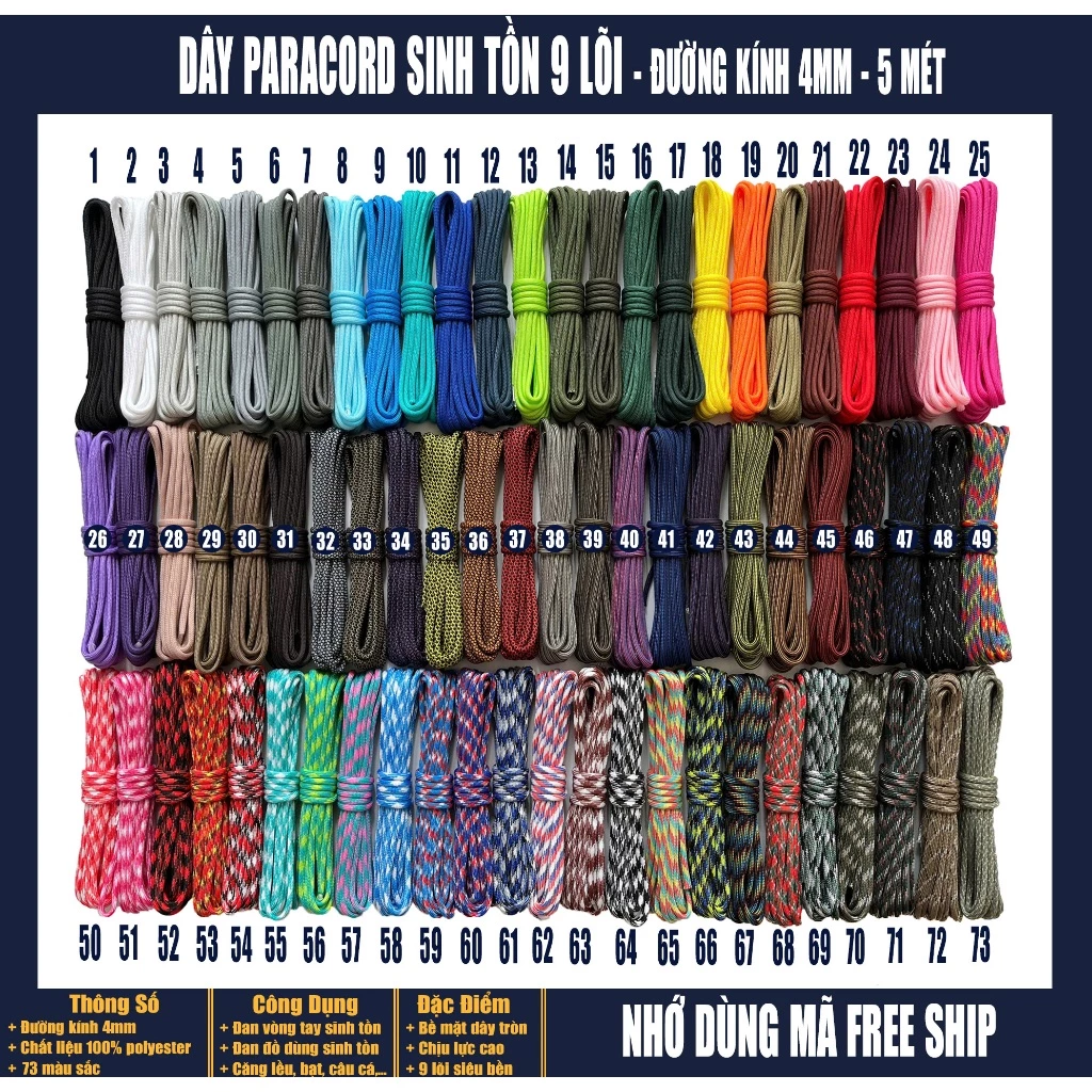 Dây Dù Paracord 9 Lõi 4mm Tròn Đều - 5 Mét