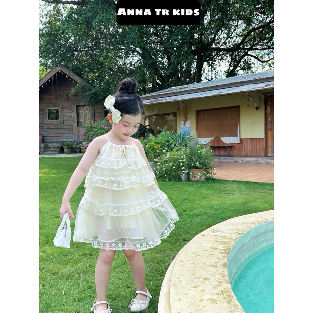 ( Ảnh Thật ) V77311 Váy Đầm dây voan tầng dáng babydoll tiểu thư thiết kế  Bé Gái