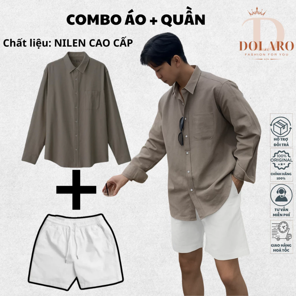 Combo Áo Sơ Mi Linen Tay Dài Chính Hãng DOLARO Kèm Quần Short Kaki Phong Cách Hàn Quốc Có BigSize Khoác Ngoài Thoải mái