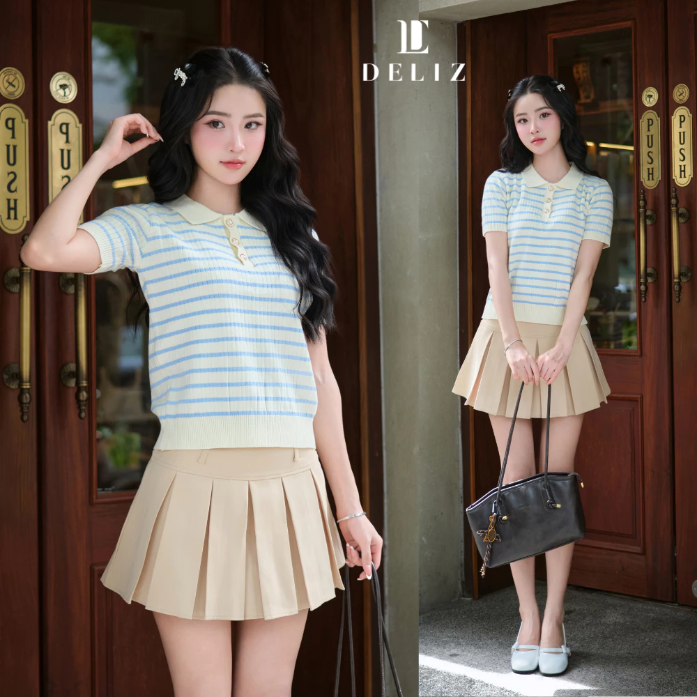 Áo len nữ cộc tay mùa hè phối cúc đồng cổ đức kẻ ngang màu xanh thanh lịch PL34 cao cấp DELIZ
