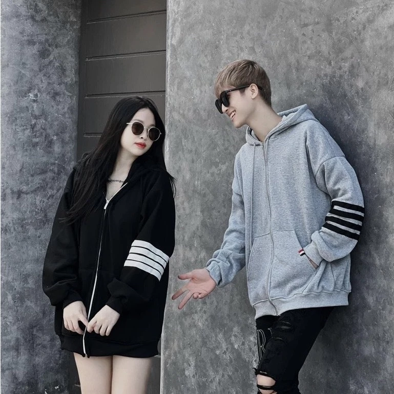 ÁO HOODIE CẶP ĐÔI NAM NỮ THIẾT KỂ SỌC NGANG Ở TAY