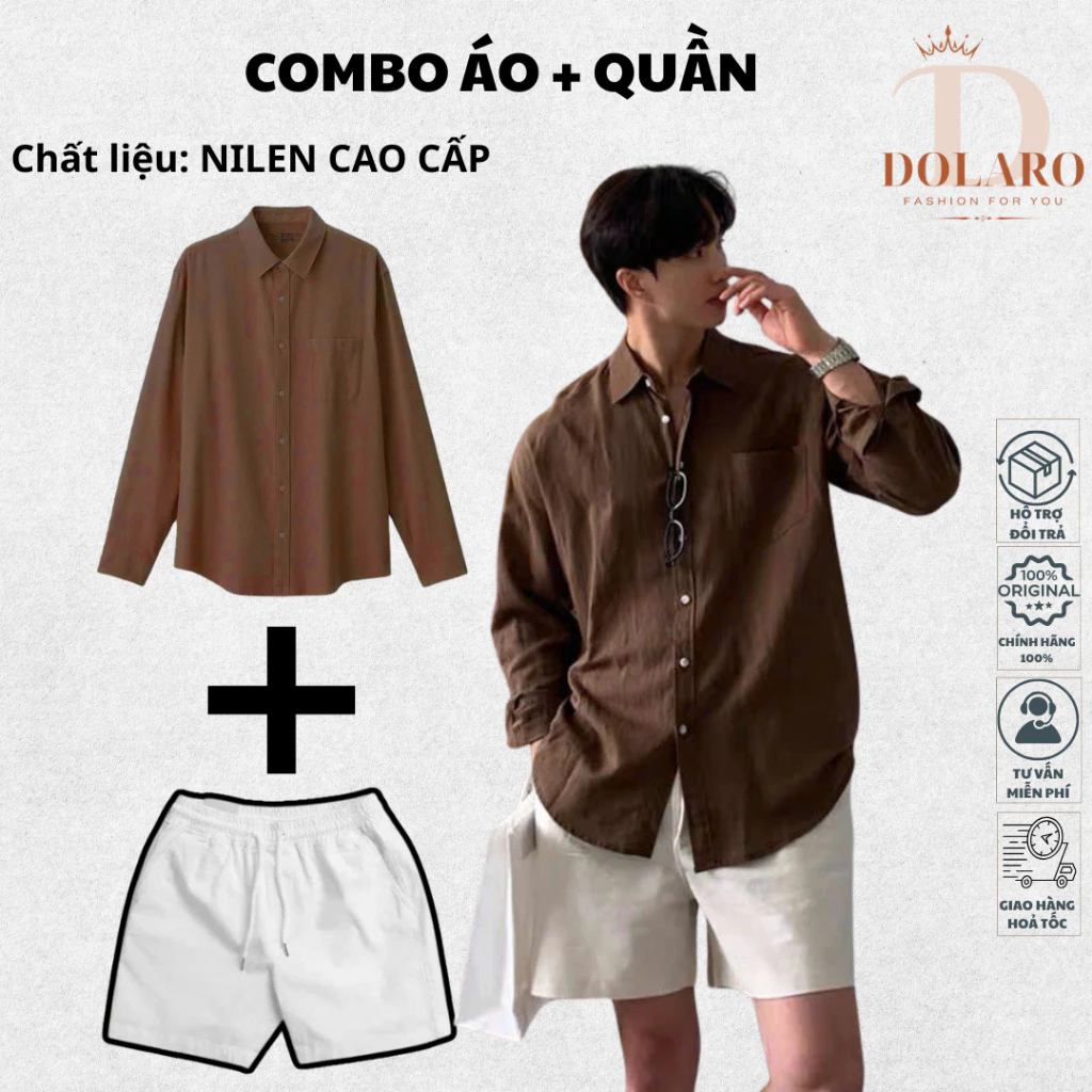 Combo Áo Sơ Mi Linen Tay Dài Chính Hãng DOLARO Kèm Quần Short Kaki Phong Cách Hàn Quốc Có BigSize Khoác Ngoài Thoải mái