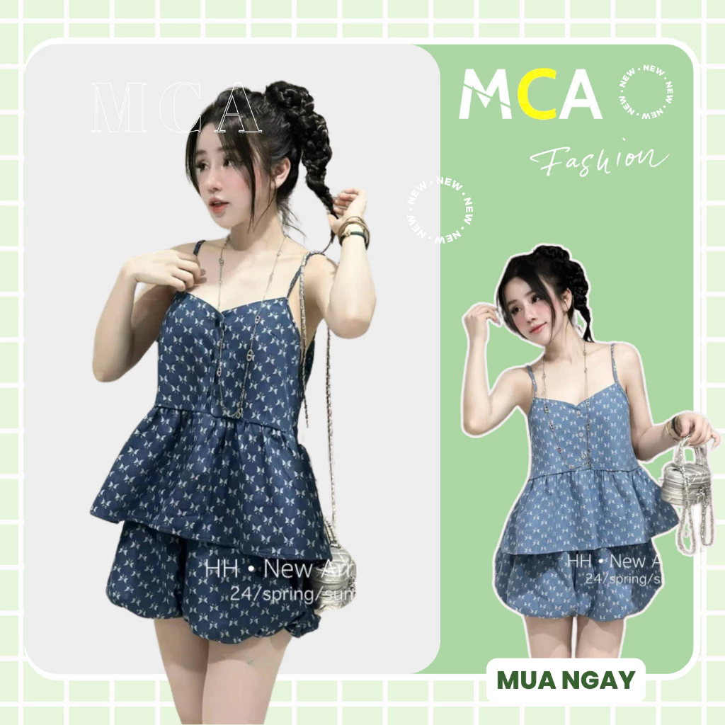 Set áo hai dây in hoa xinh xắn mix quần bí MCA phong cách tiểu thư gợi cảm quyến rũ [ Video sp thực tế ]