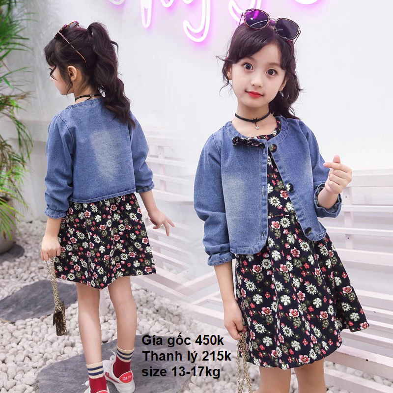 Sét váy hoa + áo khoác bò hàng QC cao cấp cho bé gái 16-20kg
