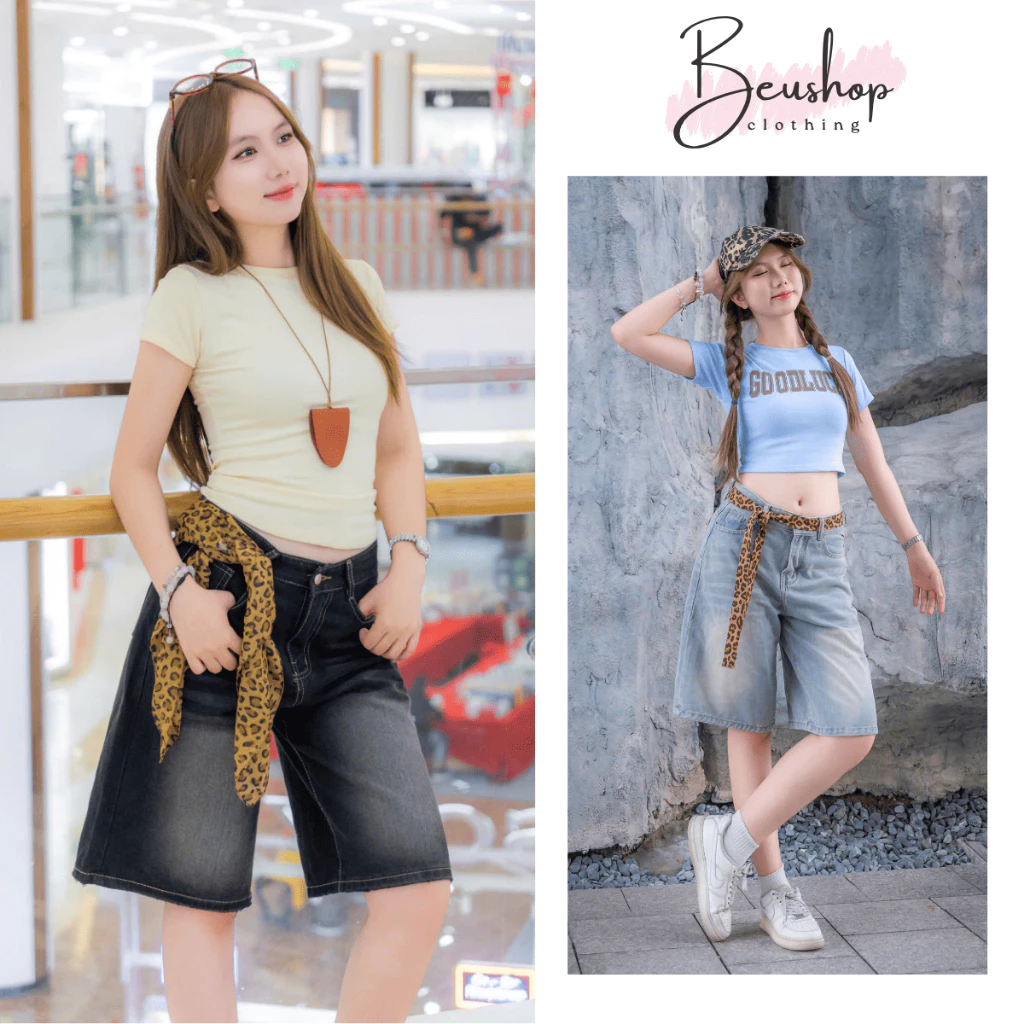 Quần Short Jean Nữ Suông Ống Rộng Lưng Cao Dáng Lửng Form Ngắn Ngang Gối Basic Phong Cách Hàn Quốc