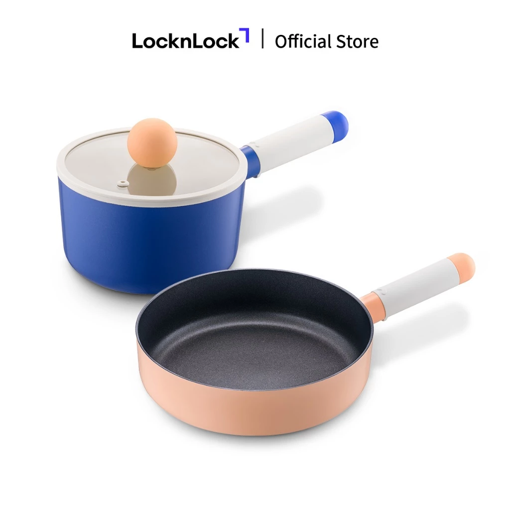 Bộ 2 sản phẩm Nồi,chảo nhôm chống dính phủ ceramic LocknLock Rolling Pop có nắp thủy tinh dùng được bếp từ, bếp điện, ga