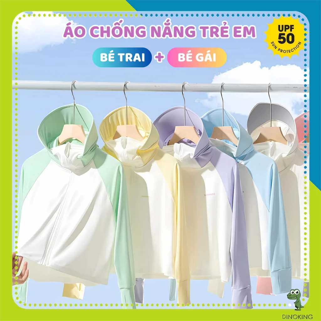 Áo chống nắng cho bé gái bé trai DINOKING áo khoác chống nắng trẻ em 5 IN 1 mùa hè sợi băng lụa siêu mát 3 - 12tuổi CN03