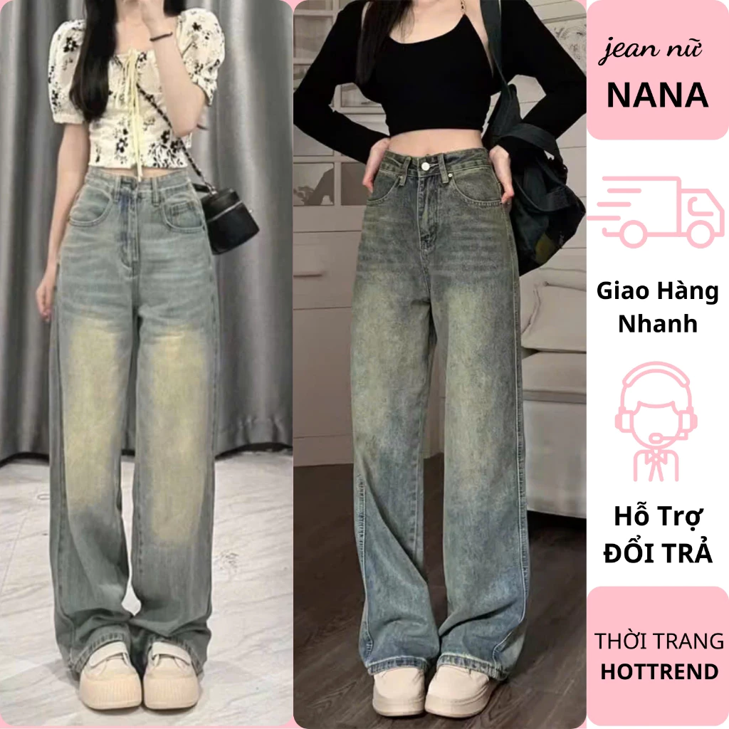 Quần jean nữ màu bụi phủ bạc quần bò nữ ống rộng cạp cao chất vải mềm mại hottrend 2025 - Nana Shop