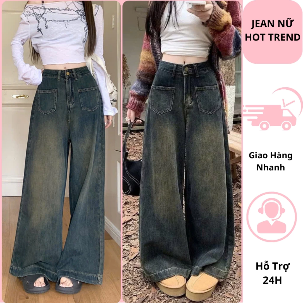 Quần jeans bò nữ ống suông túi trước cạp cao màu xanh bụi quần bò nữ ống rộng phối đồ siêu xinh - Nana Shop