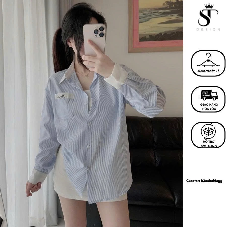 Áo sơ mi kẻ sọc xanh dài tay form rộng Hàn QUốc -Unisex- ST Design-06(ẢNH THẬT SHOP TỰ CHỤP)