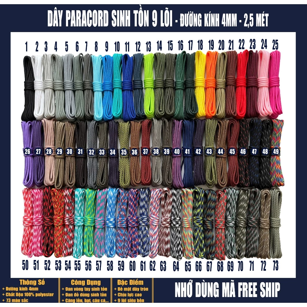 (Cuộn 2,5m) Dây paracord 9 lõi 4mm tròn