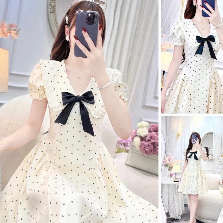 Đầm Nữ Mới Tay ngắn Chấm BI Thắt NƠ Tiểu Thư Dịu Dàng Duyên Dáng