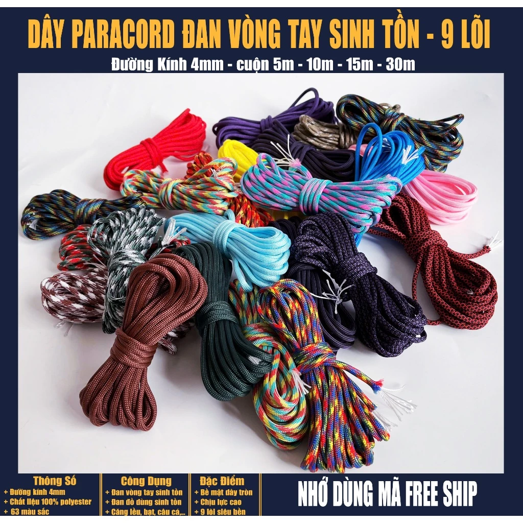 Dây Dù Paracord 9 Lõi 4mm Tròn - 5,10,15,30 Mét