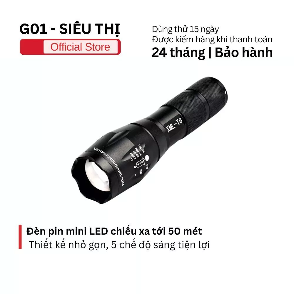 Đèn pin siêu sáng mini Led XML T6 G01 XM chiếu xa 50m, 5 chế độ sáng tiện lợi, mang theo mọi nơi